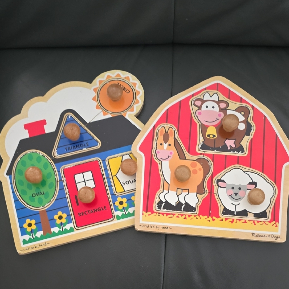Bundle of 2 Large Knob, Melissa & Doug Puzzles Farm Animals and Shapes